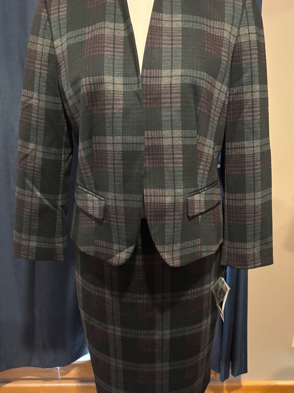 Nine West Green and Black Plaid Blazer and Skirt Set